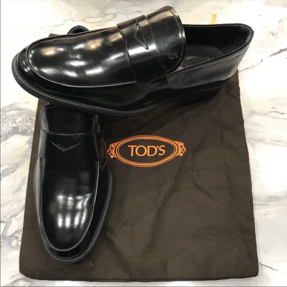TODS Black Leather Penny Loafers